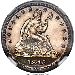 image for: 1845 25C PR64 NGC. CAC. Briggs 5-E....