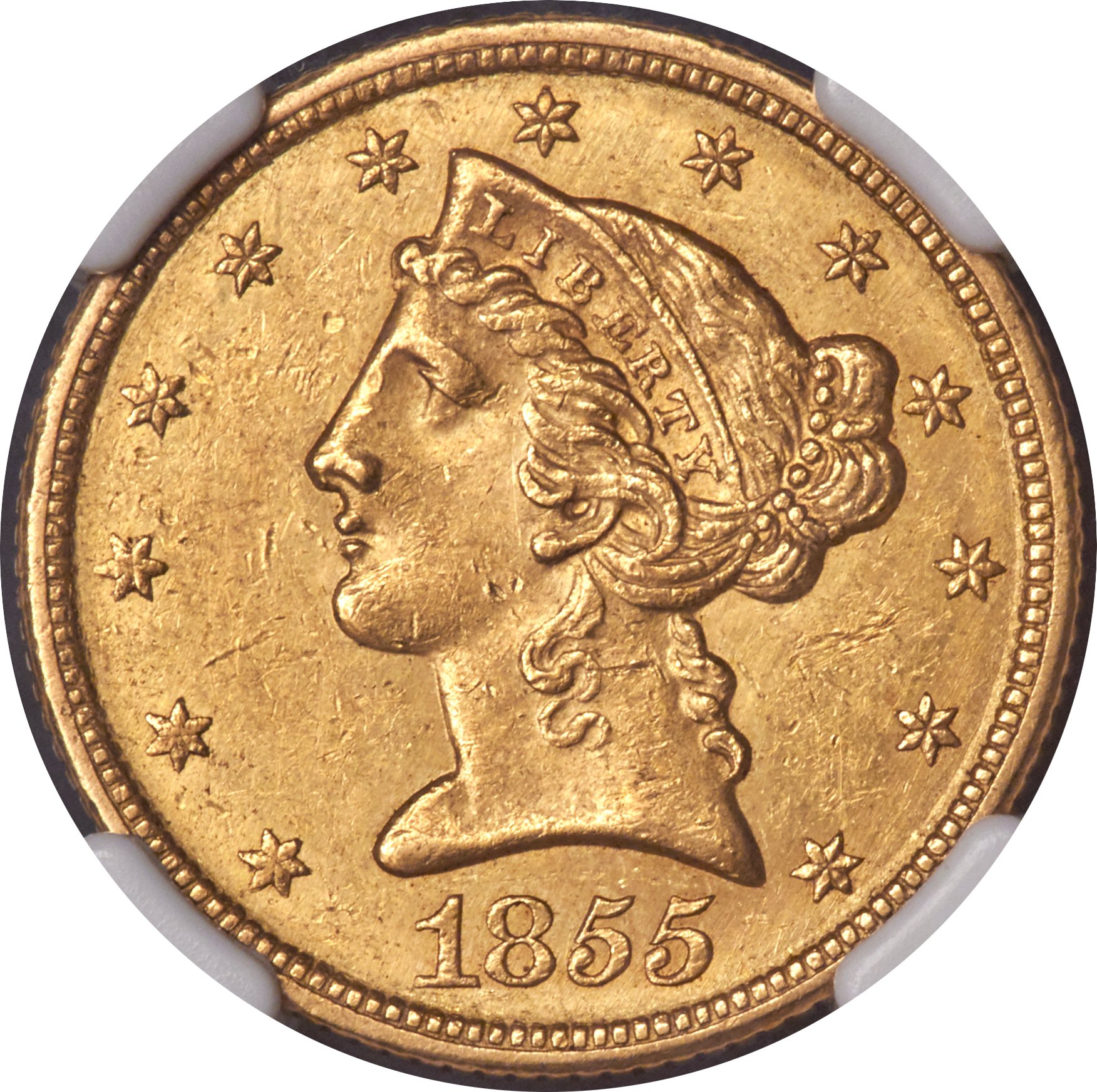 image for: 1855-C $5 MS60 NGC. Variety 1....