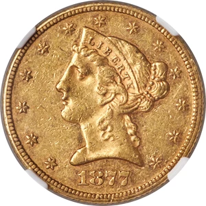 image for: 1877 $5 AU55 NGC....