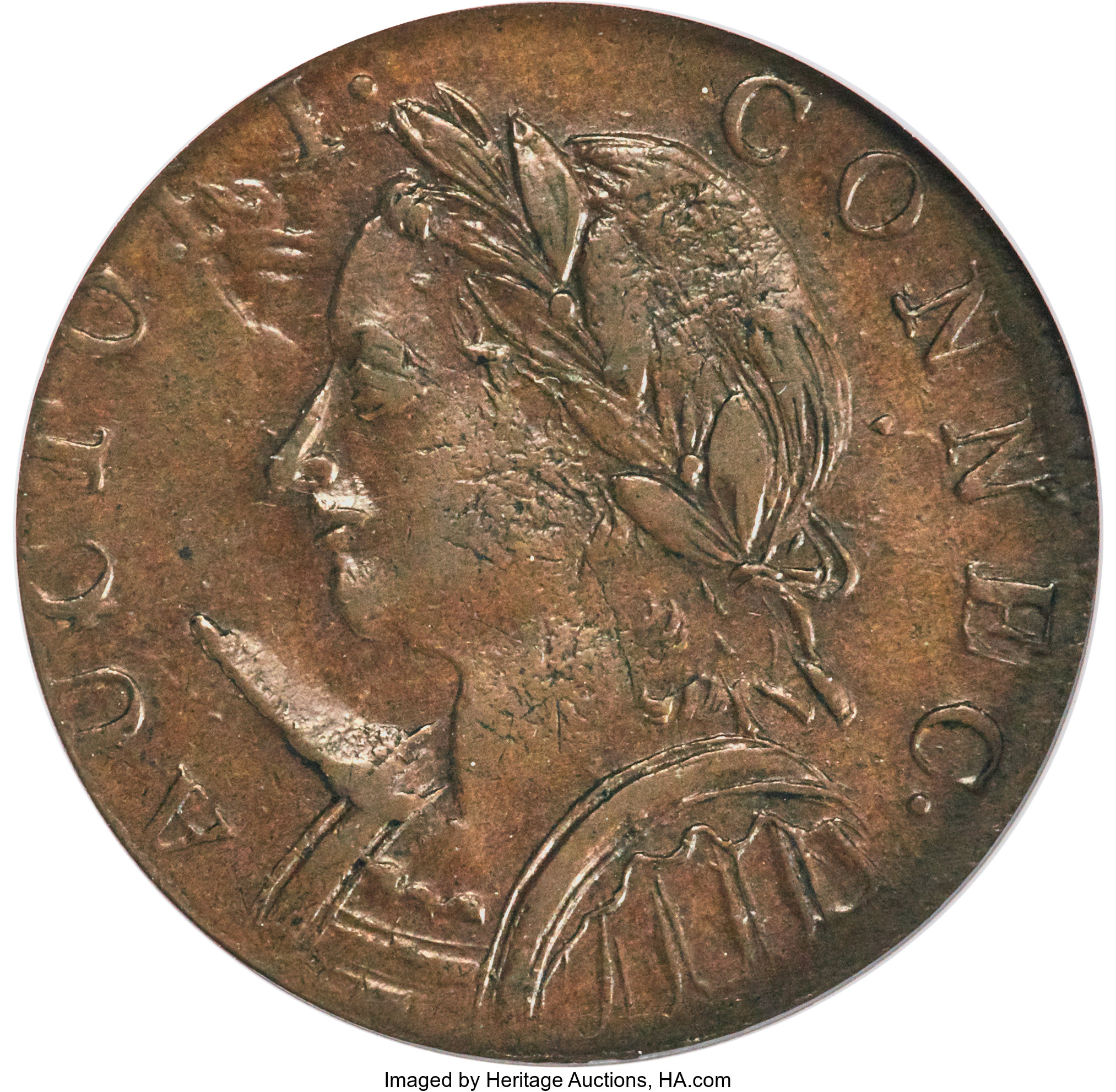1787 Copper Connecticut, Mailed Bust Left, Horned MS BN