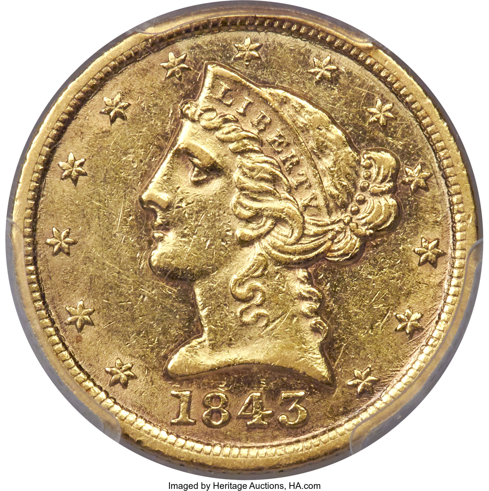 image for: 1843-D $5 Small D AU55 PCGS. Variety 9-F....