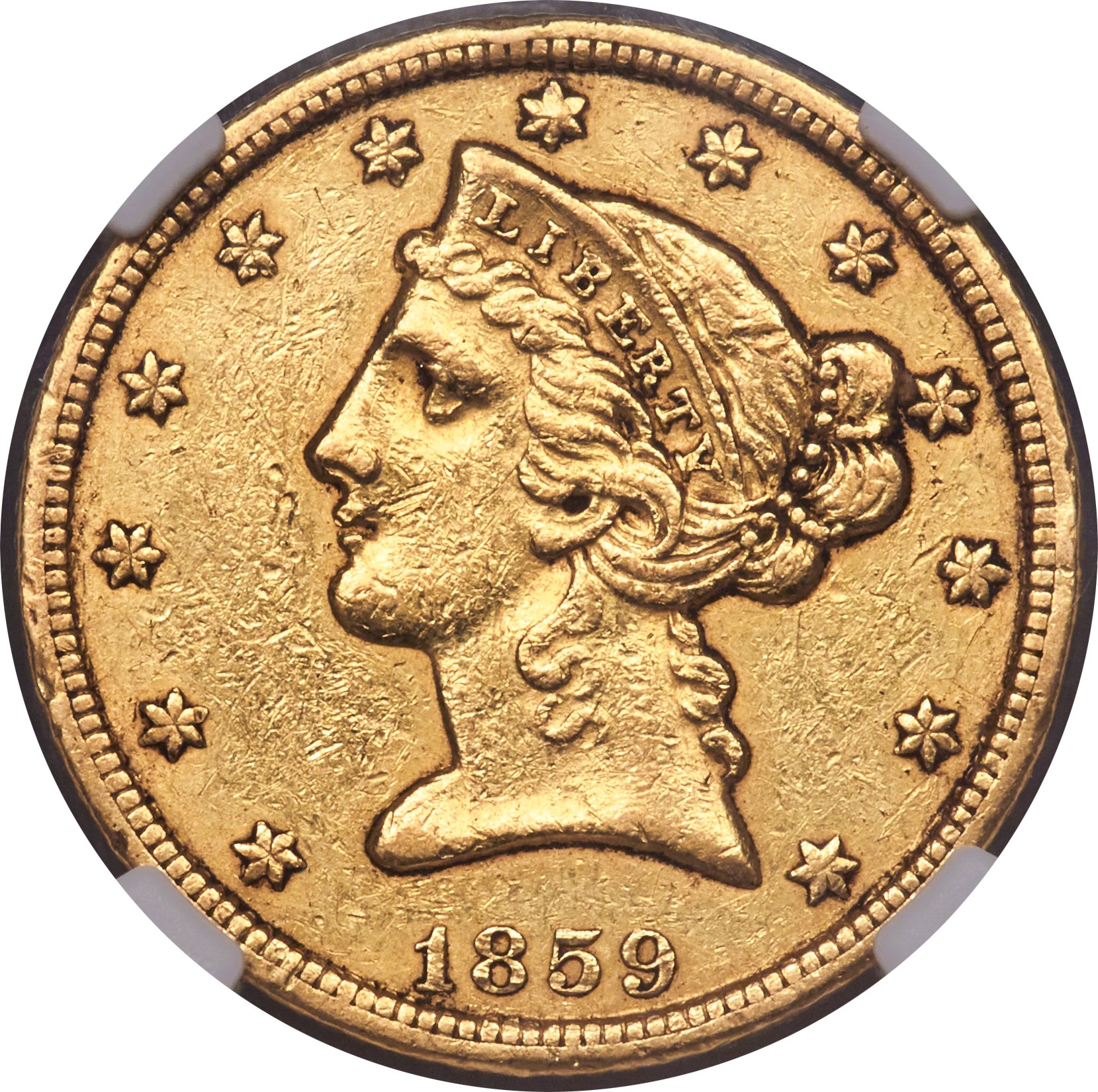 image for: 1859-S $5 AU50 NGC....