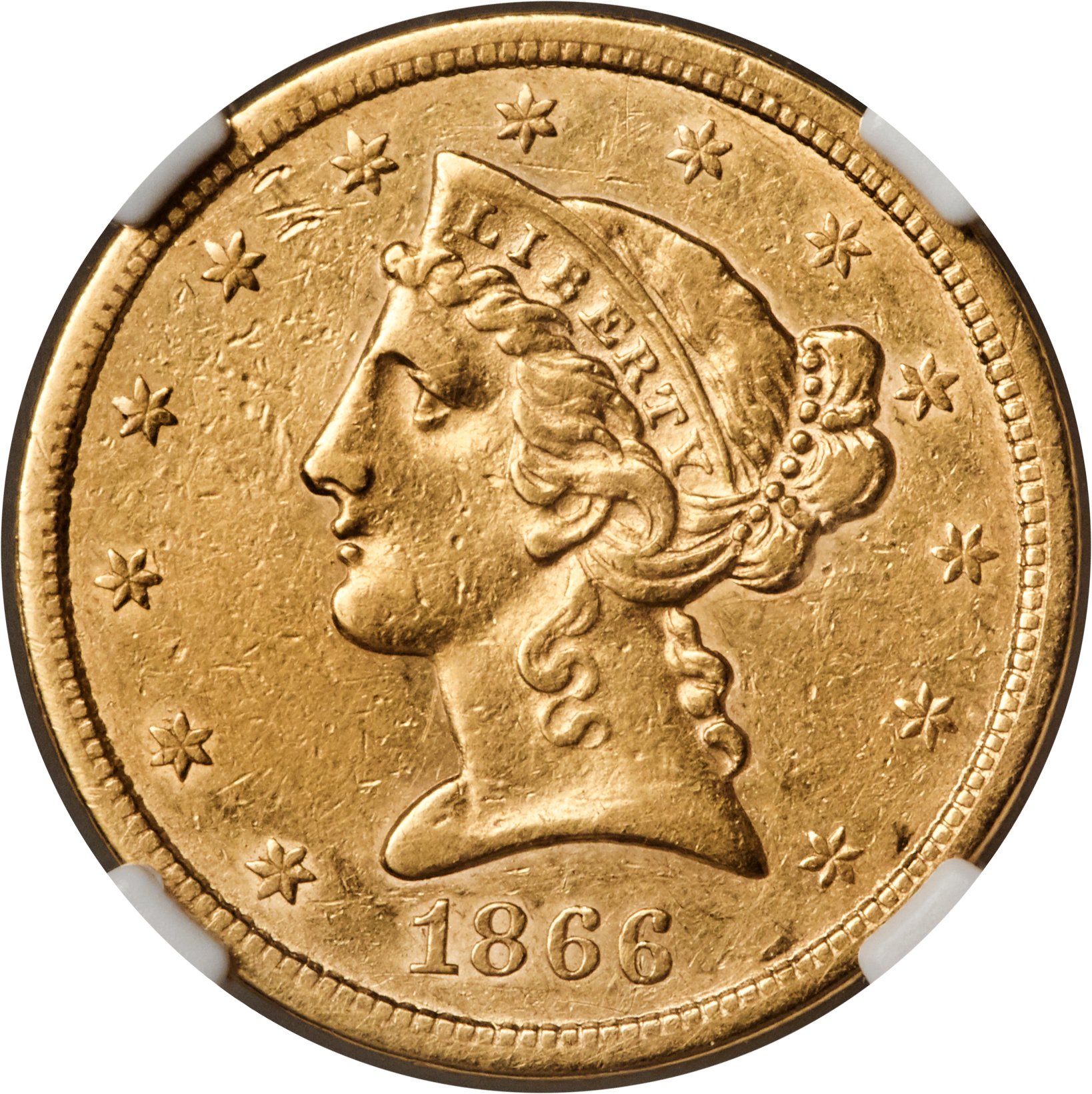 image for: 1866-S $5 No Motto AU50 NGC....