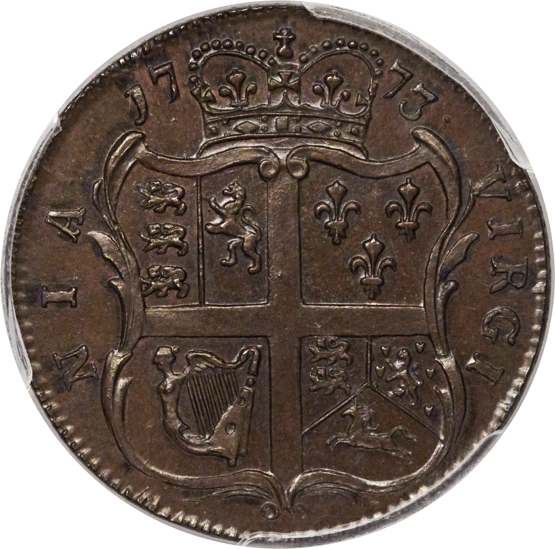 image for: 1773 1/2 P Virginia Halfpenny, No Period MS65+ Brown PCGS. N. 7-D, W-1480, R.2....