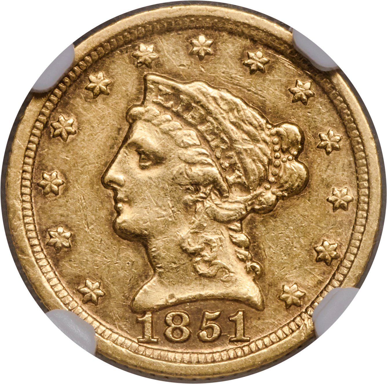 image for: 1851-D $2 1/2 AU55 NGC. Variety 15-N....