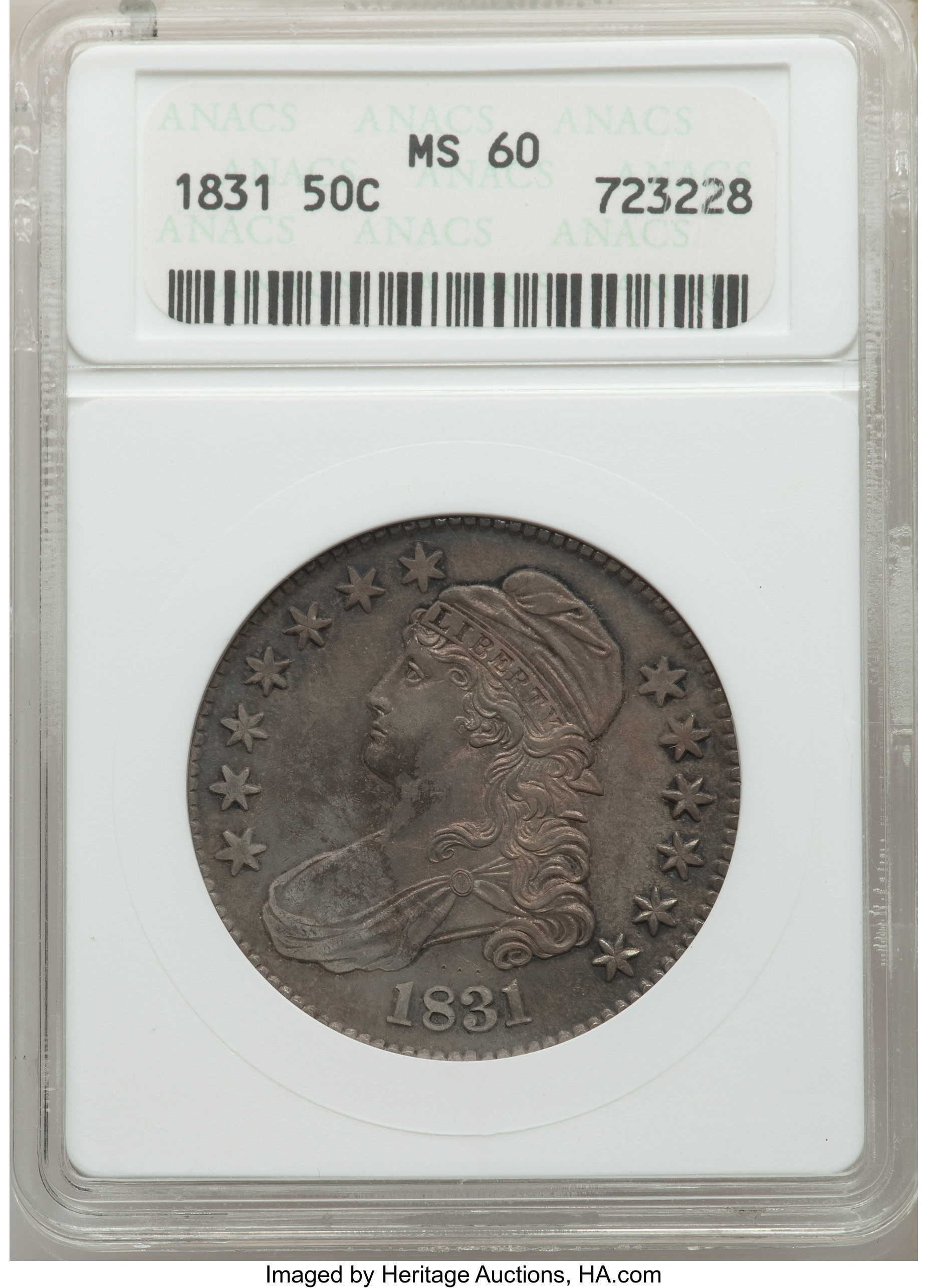 1831 50C MS60 ANACS. NGC Census: (1/406). PCGS Population: (17/508). MS60. Mintage 5,873,660. ...