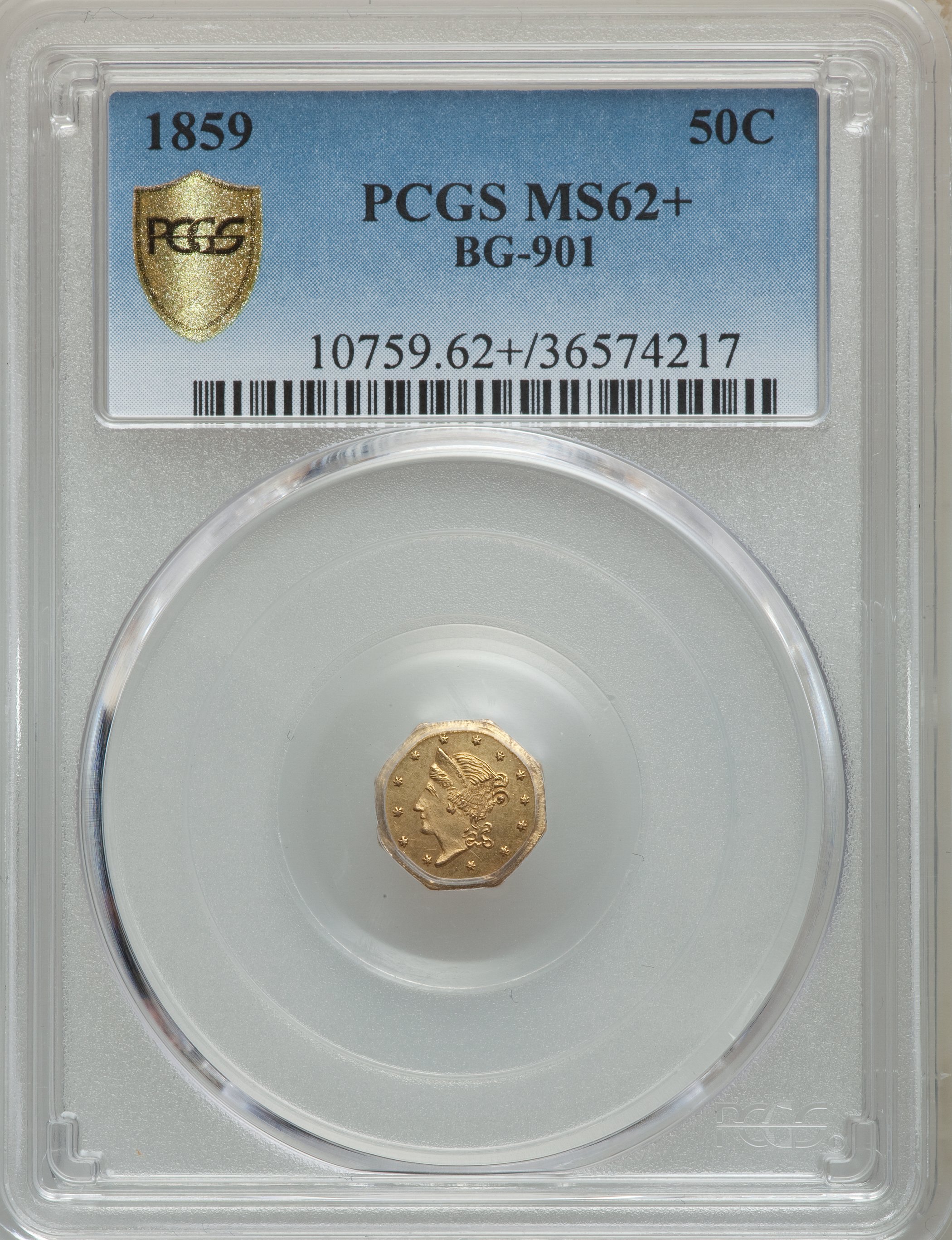 image for: 1859 50C Liberty Octagonal 50 Cents, BG-901, High R.6, MS62+ PCGS Secure. PCGS Population: (2/11 and 1/1+). NGC Census: (1/...