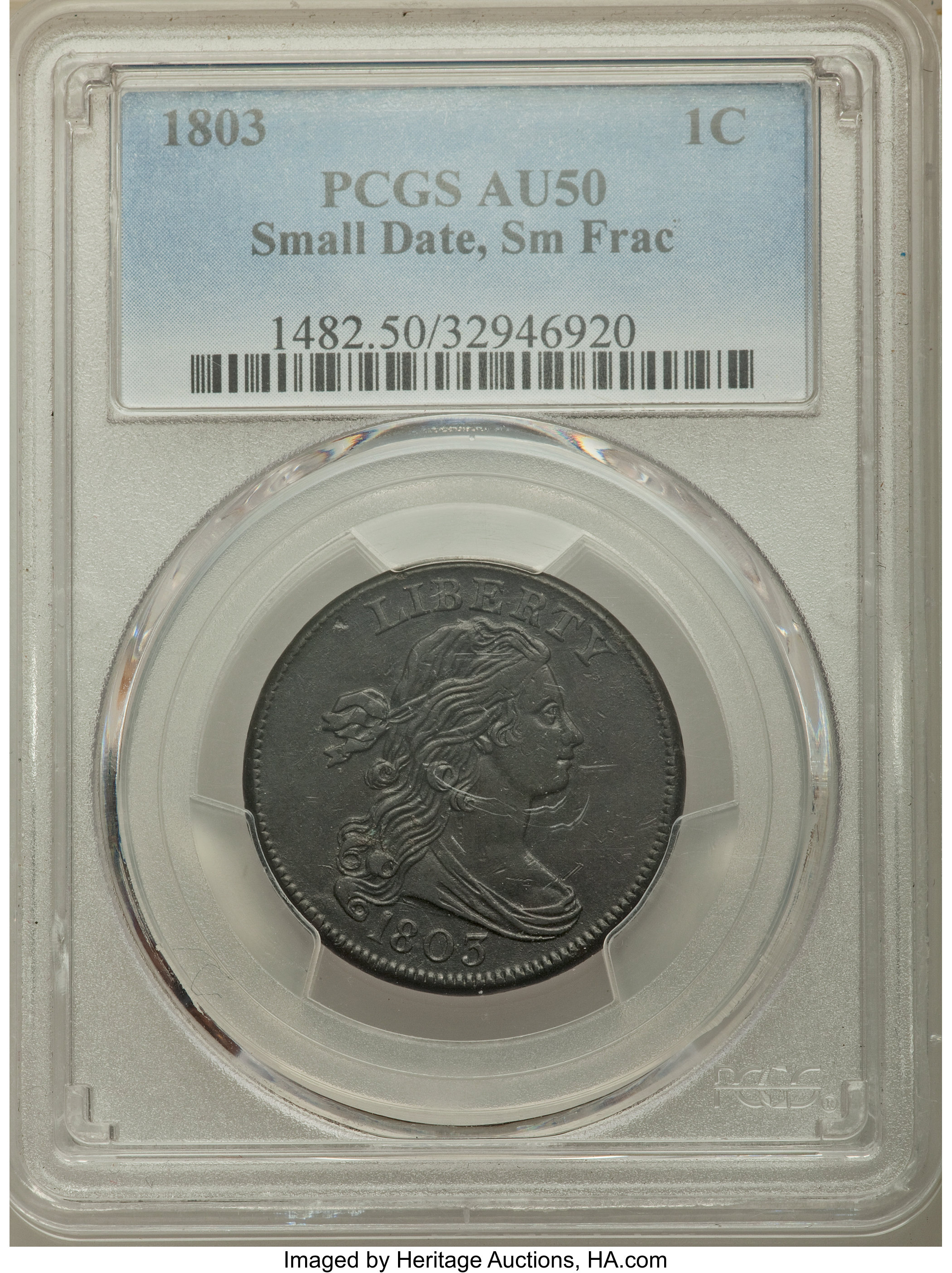 image for: 1803 1C Small Date, Small Fraction, S-251, B-8, R.2, AU50 PCGS....