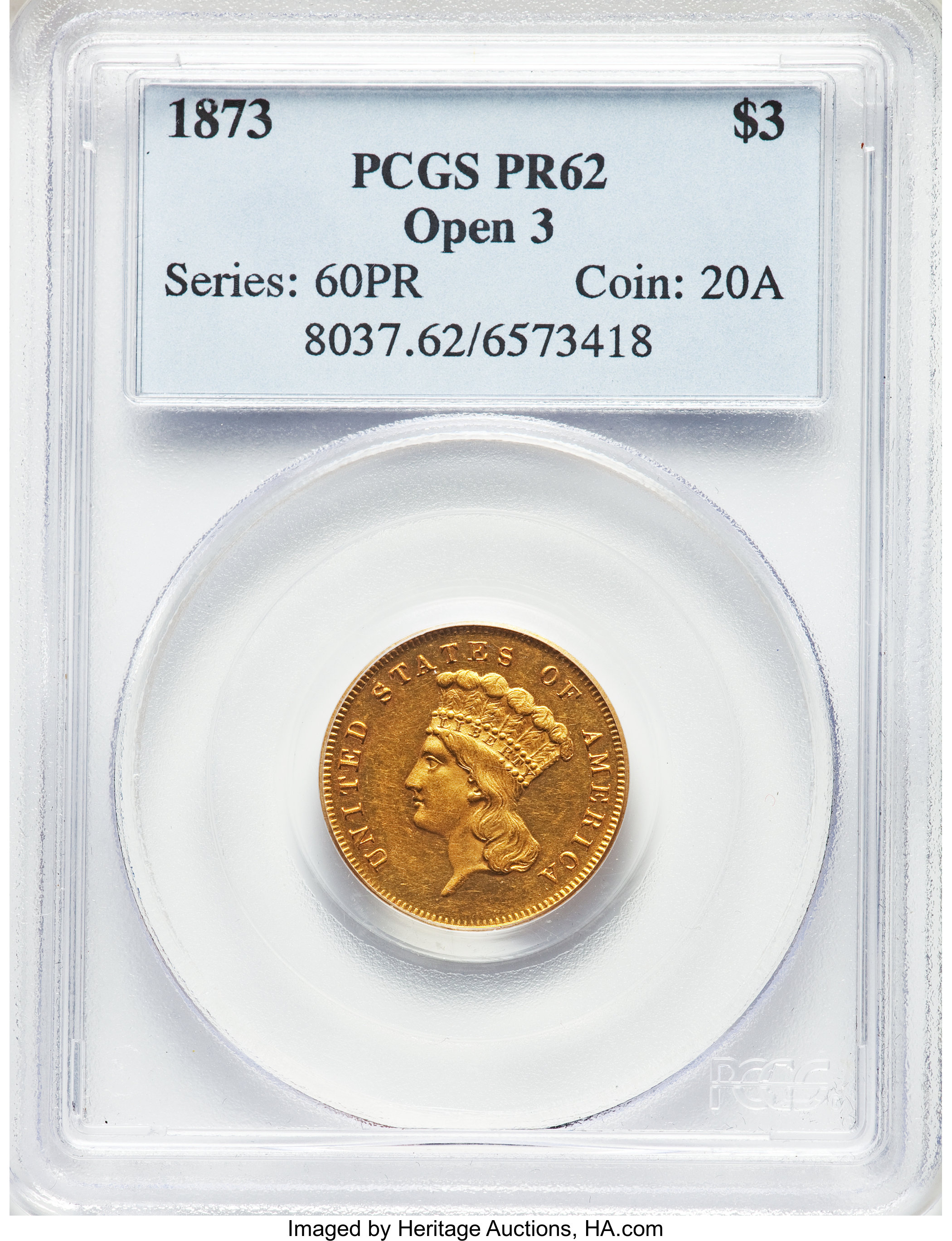 image for: 1873 $3 Open 3 PR62 PCGS. JD-1, Low R.7....