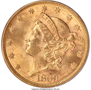 image for: 1869-S $20 MS63 PCGS....