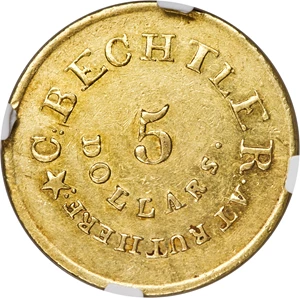 image for: (1834-1837) $5 C. Bechtler Five Dollar, 140 G., 20 Distant, RUTHERF:, AU58 NGC. K-19, Low R.6....