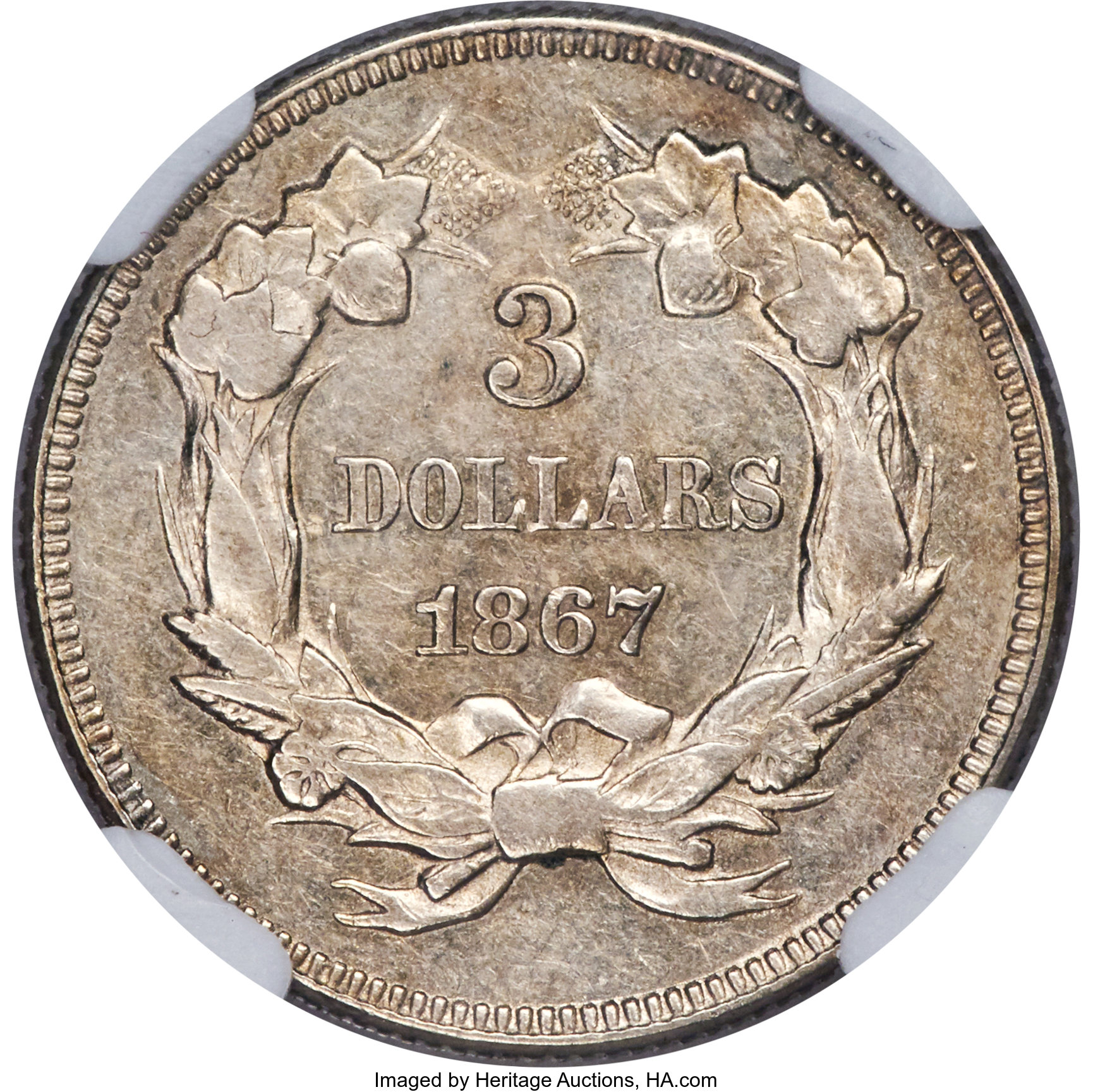 image for: 1867 $3 Three Dollar, Judd-597, Pollock-661, R.8, PR58 NGC....