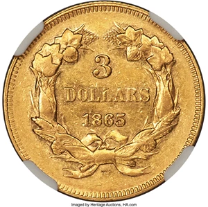 image for: 1865 $3 AU53 NGC....