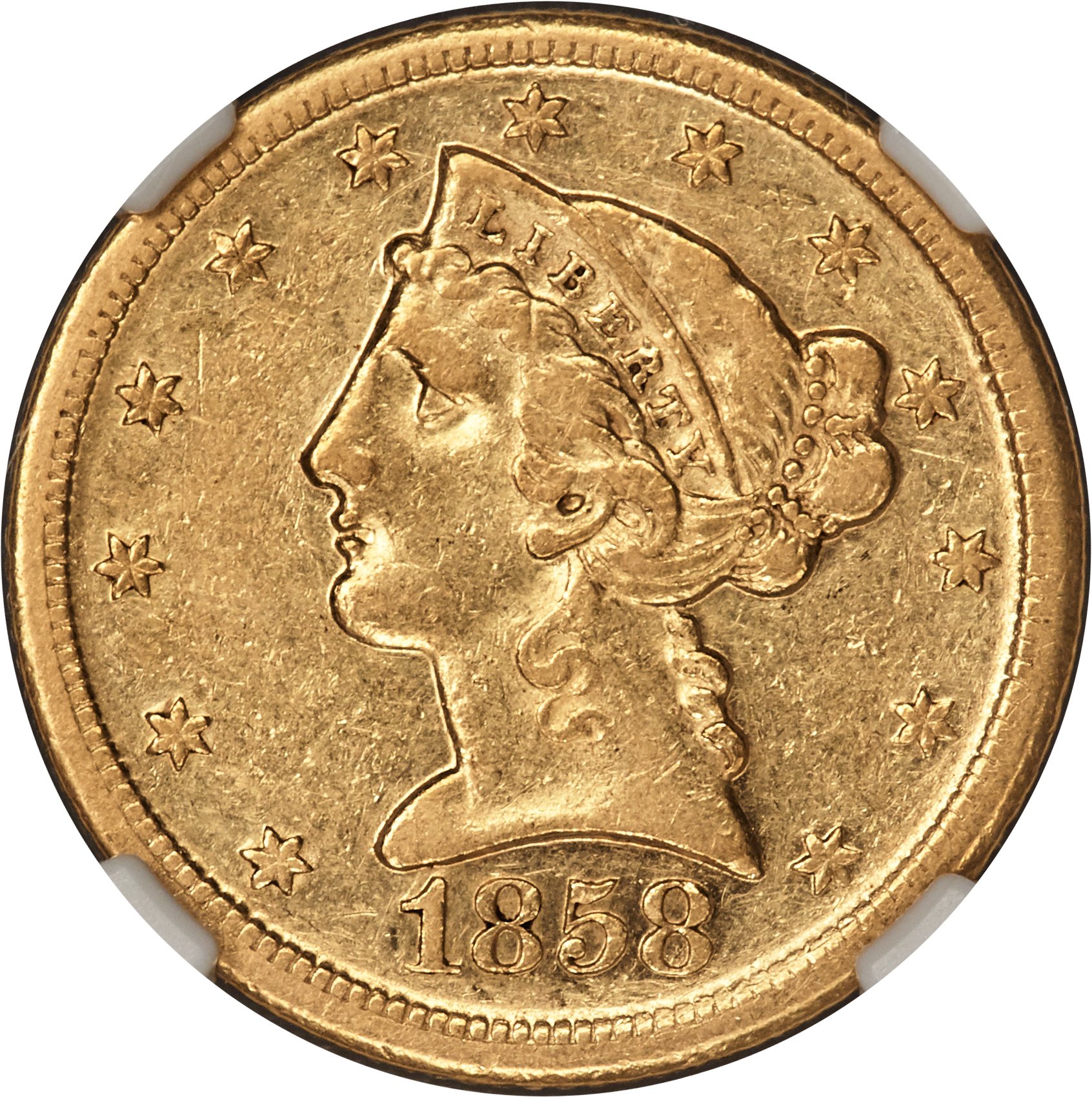 image for: 1858-D $5 AU50 NGC. Variety 43-HH....