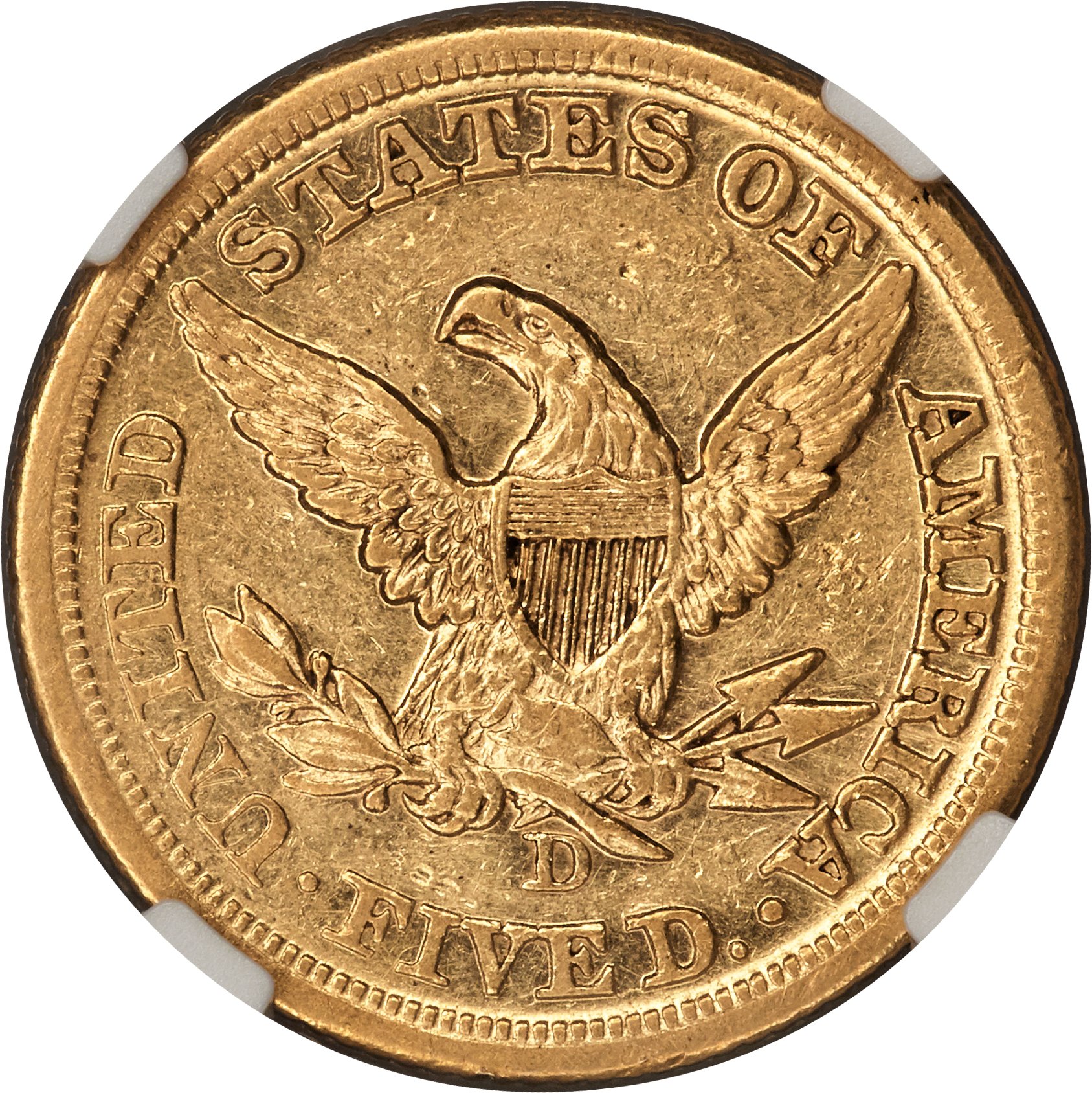 image for: 1858-D $5 AU50 NGC. Variety 43-HH....