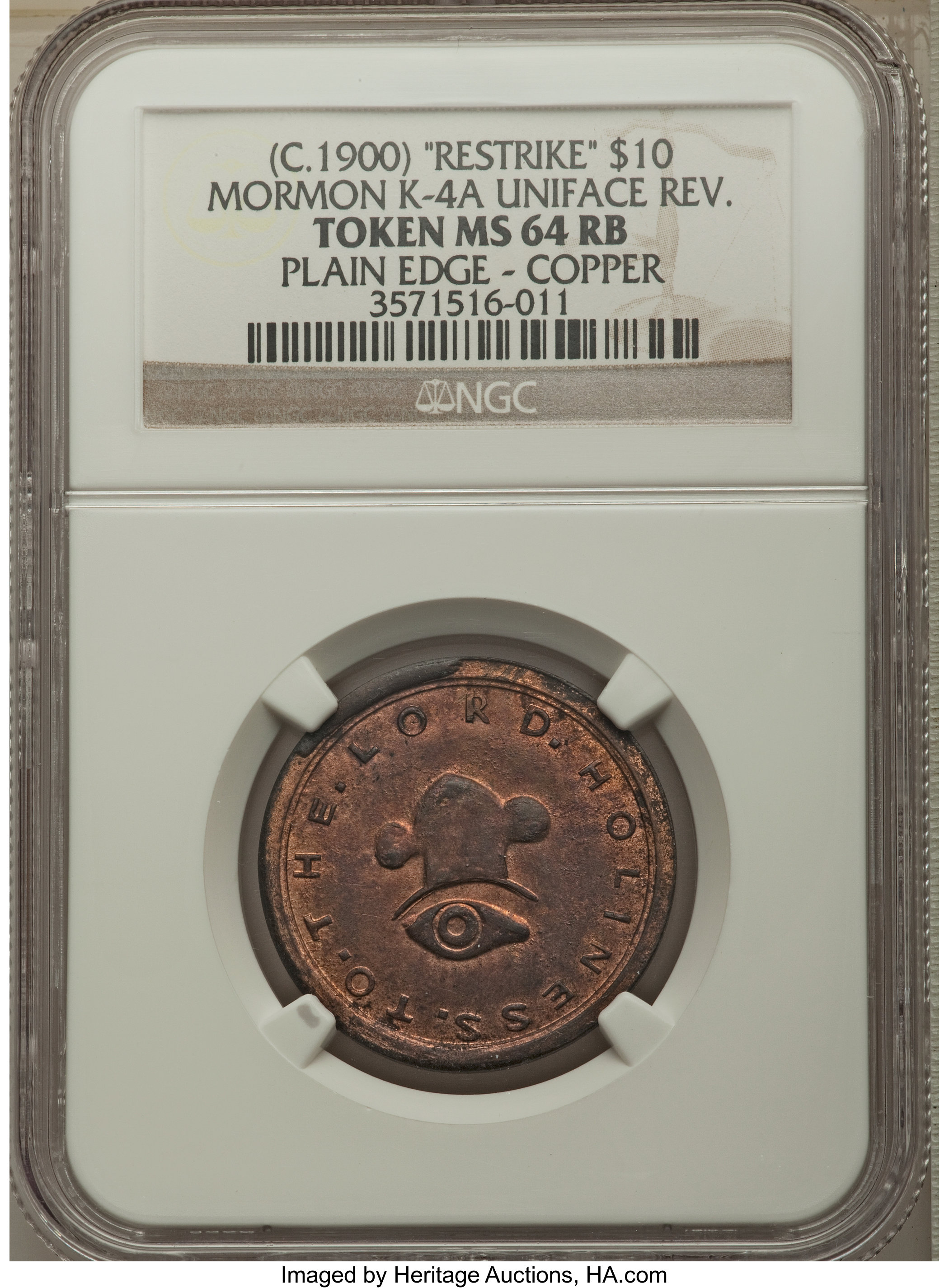 image for: (Circa-1900) $10 Mormon Ten Dollar, Uniface Copper Restrike, MS64 Red and Brown NGC. K-4a, R.7....