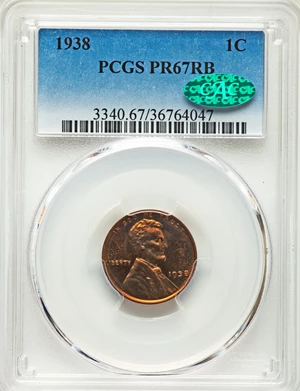 image for: 1938 1C PR67 Red and Brown PCGS. CAC. PCGS Population: (2/0). NGC Census: (0/0). CDN: $850 Whsle. Bid for problem-free NGC/...
