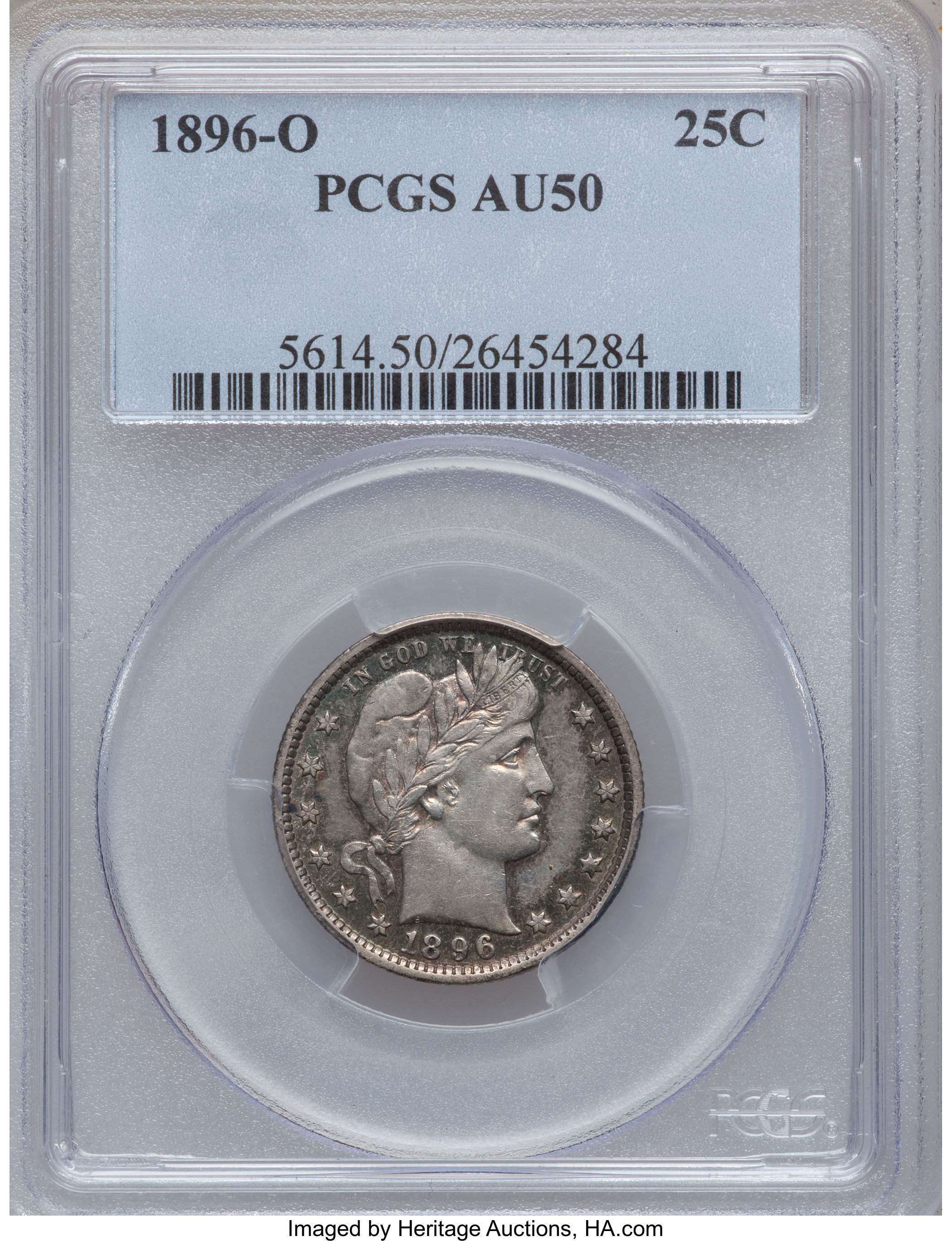 1896-O 25C AU50 PCGS. PCGS Population: (11/91). NGC Census: (3/67). CDN: $800 Whsle. Bid for problem-free NGC/PCGS AU50. Mi...