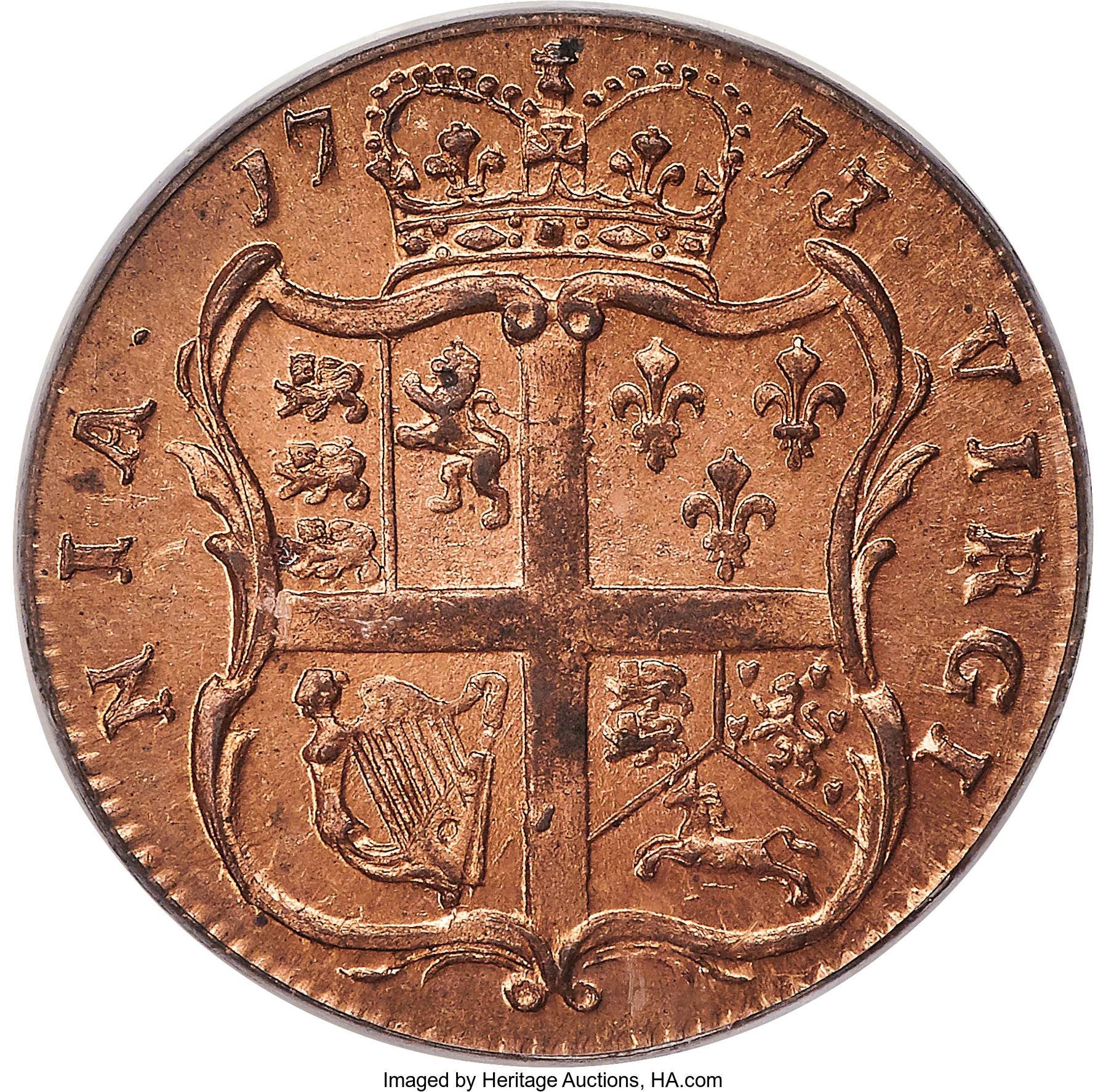 image for: 1773 1/2 P Virginia Halfpenny, Period, MS65 Red PCGS. N. 25-M, W-1580, R.2....