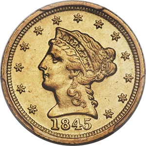 image for: 1845-D $2 1/2 AU58 PCGS. Variety 6-J....