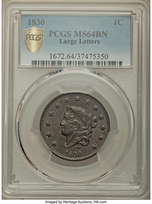 image for: 1830 1C Large Letters, N-4, R.2, MS64 Brown PCGS....