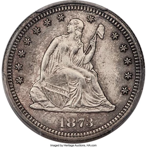 image for: 1873 25C Open 3, No Arrows, MS65 PCGS....