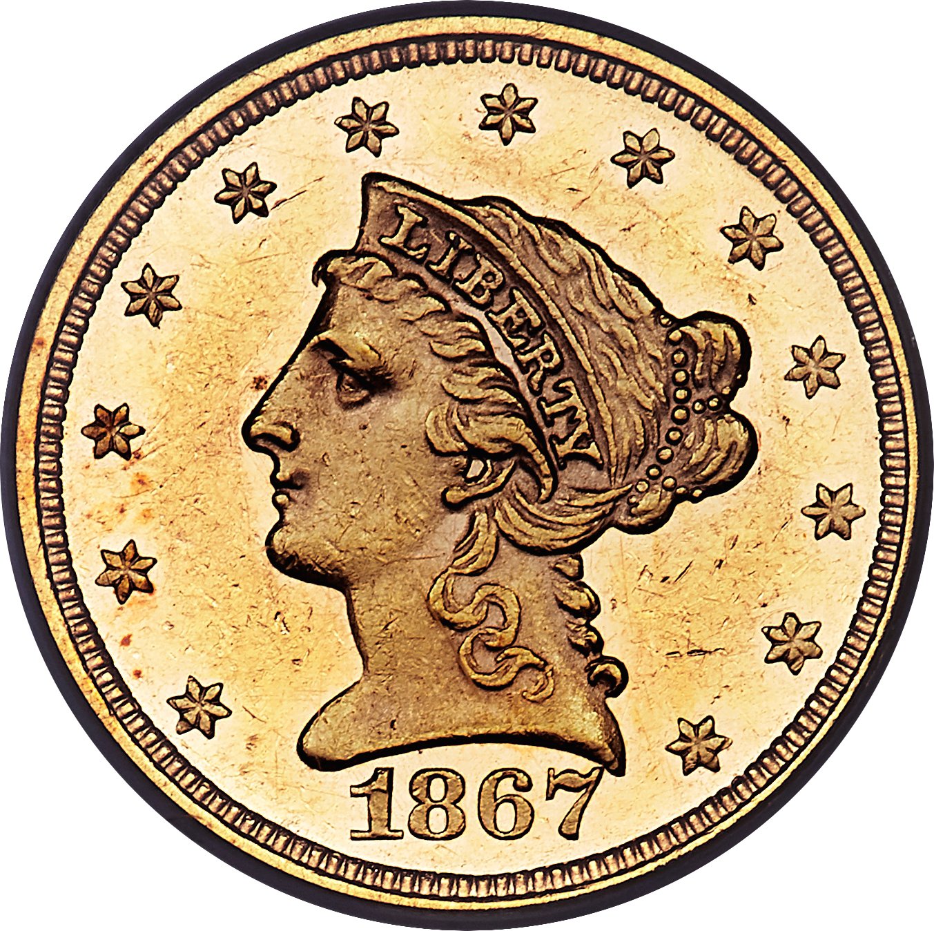 image for: 1867 $2 1/2 AU58 PCGS....