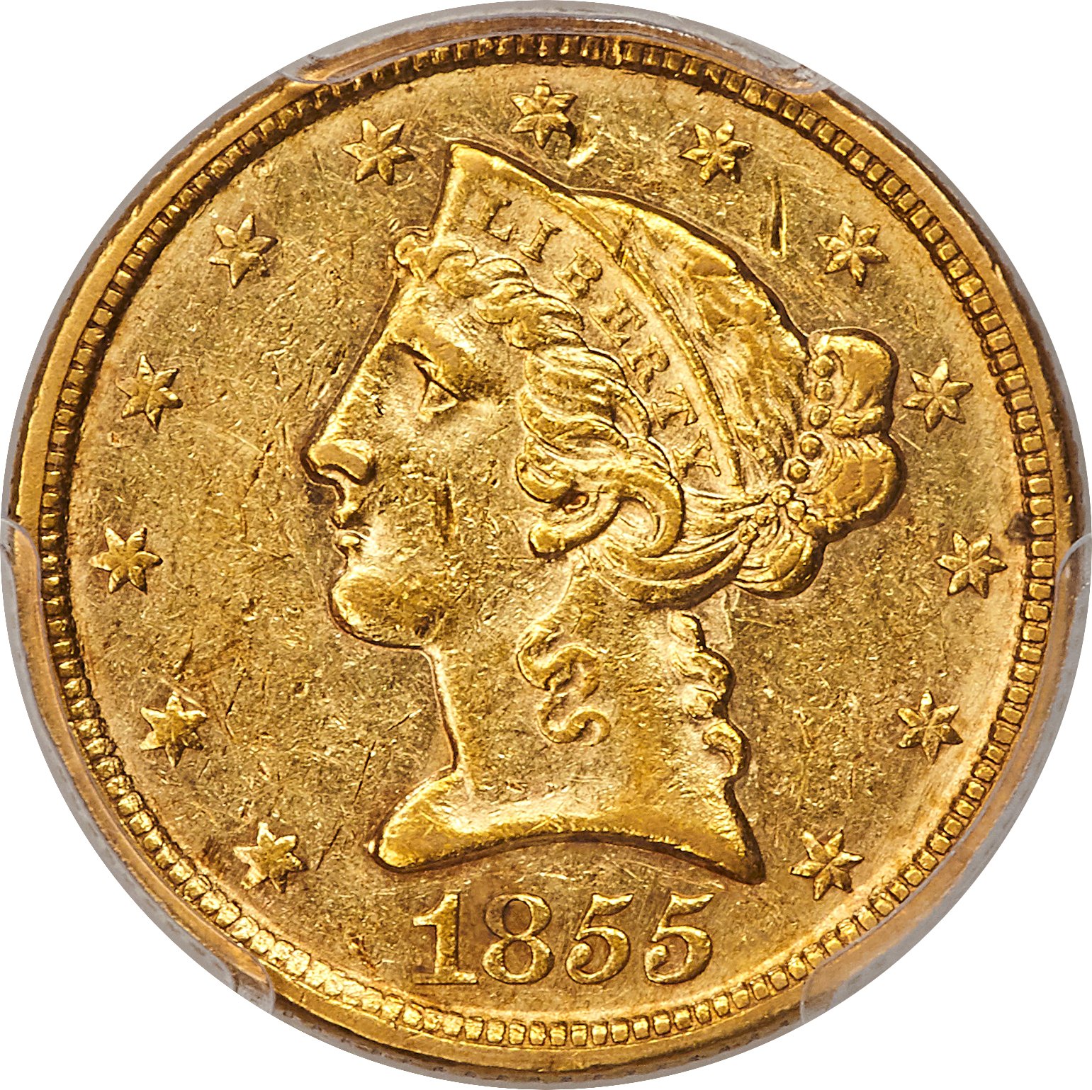 image for: 1855-C $5 AU50 PCGS. Variety 1....