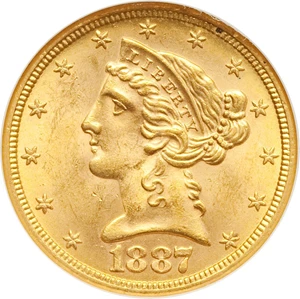 image for: 1887-S $5 MS64 NGC. CAC. NGC Census: (70/5). PCGS Population: (62/4). CDN: $900 Whsle. Bid for problem-free NGC/PCGS MS64. ...