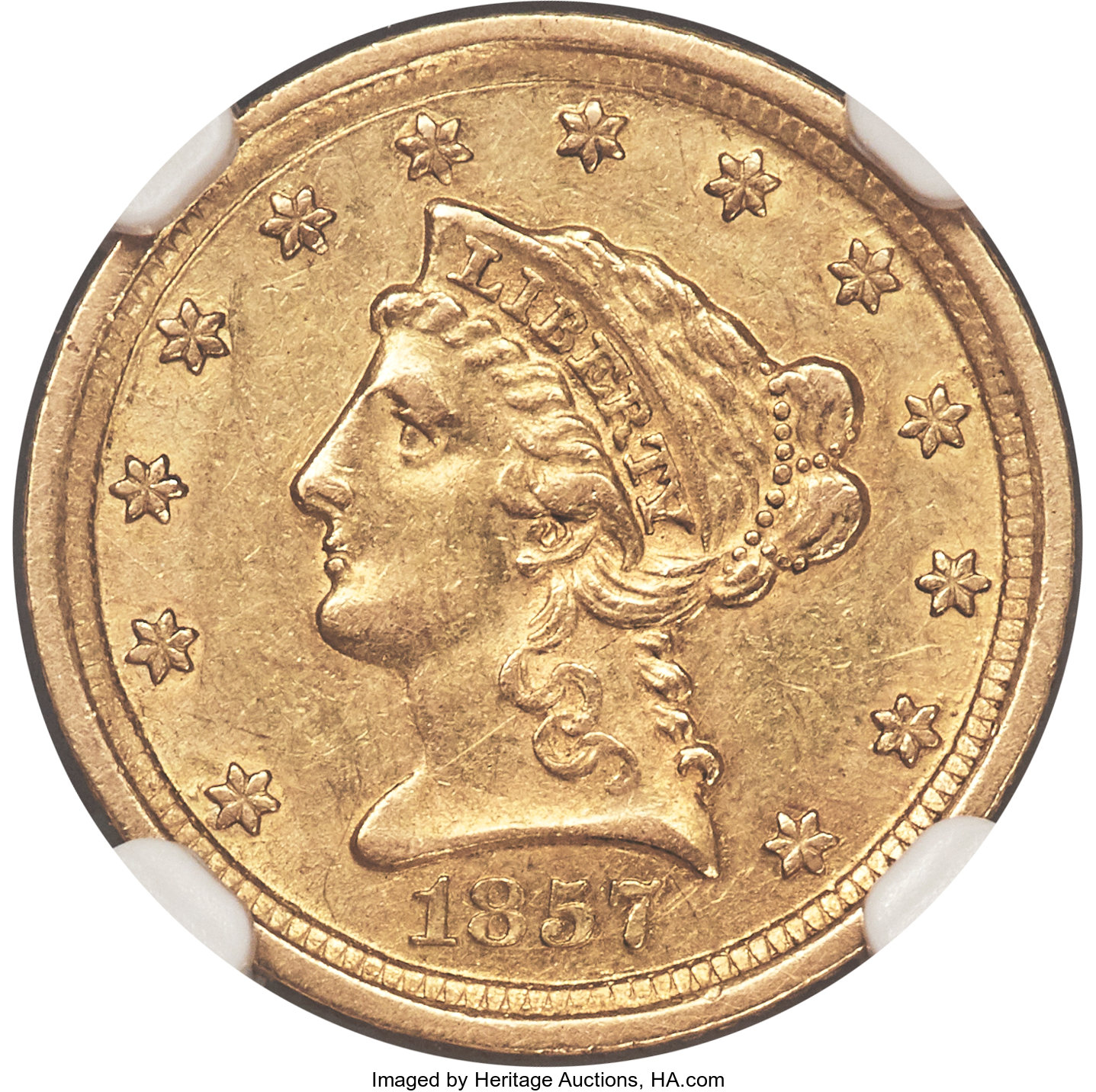 image for: 1857-D $2 1/2 AU58 NGC. Variety 21-N....