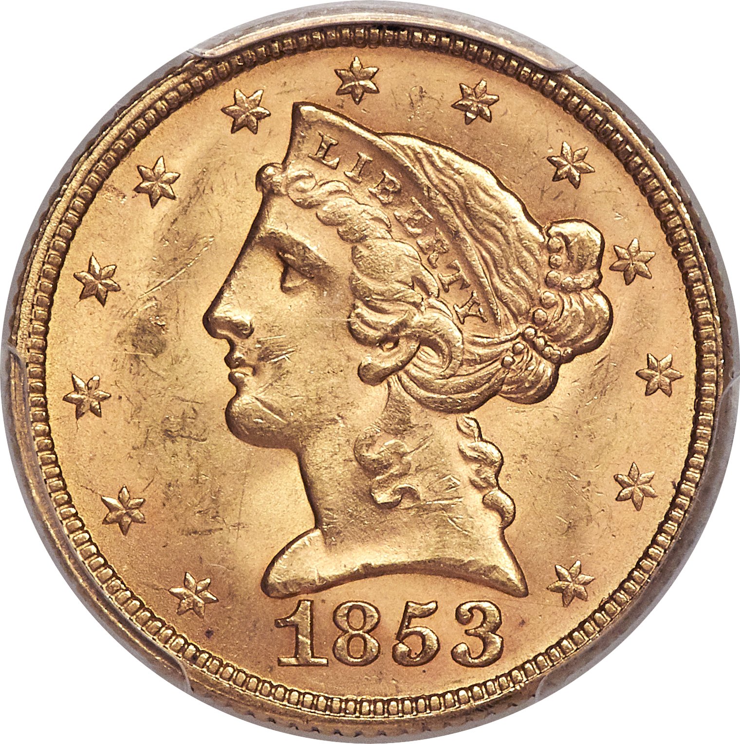 image for: 1853 $5 MS63+ PCGS....