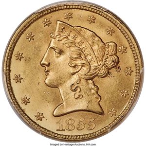 image for: 1855 $5 MS63+ PCGS. CAC....