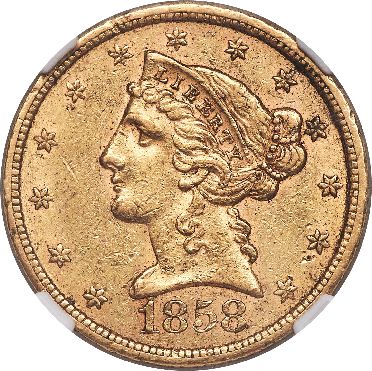 image for: 1858-S $5 AU55 NGC....