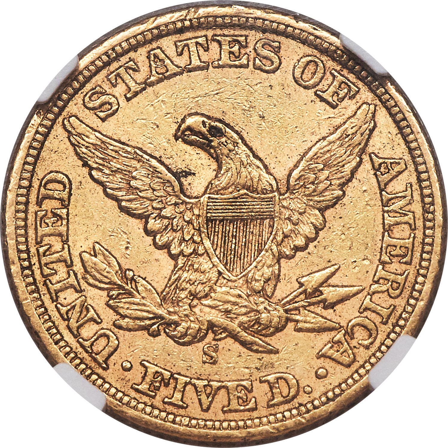 image for: 1858-S $5 AU55 NGC....