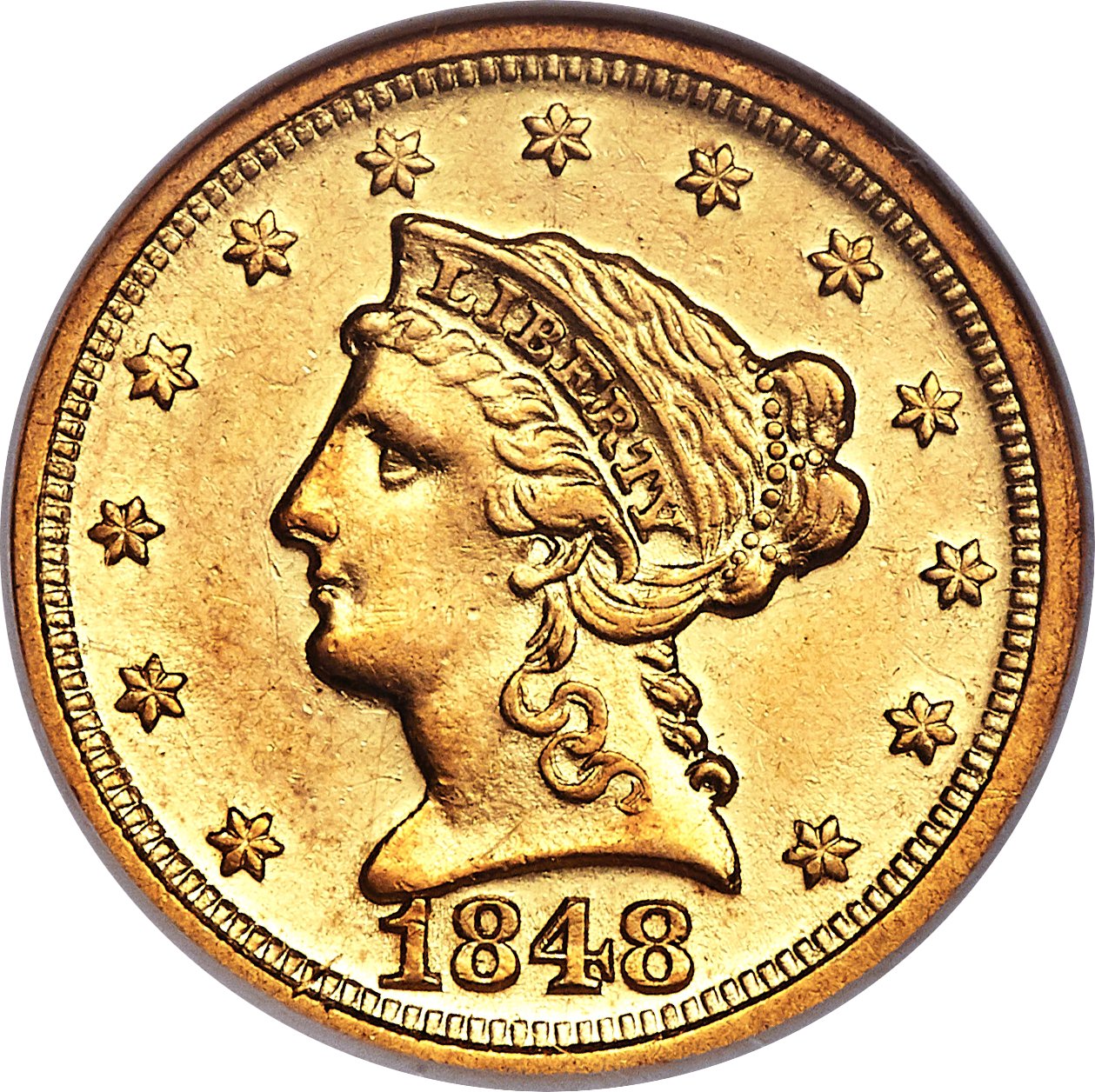 image for: 1848-D $2 1/2 AU55 NGC. Variety 10-N....