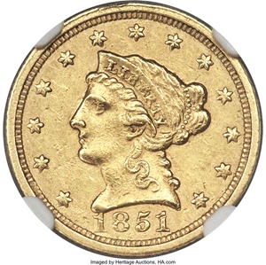 image for: 1851-C $2 1/2 AU55+ NGC. Variety 1....