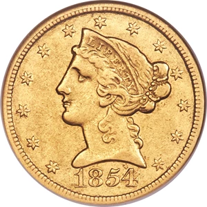image for: 1854-C $5 XF45 NGC....