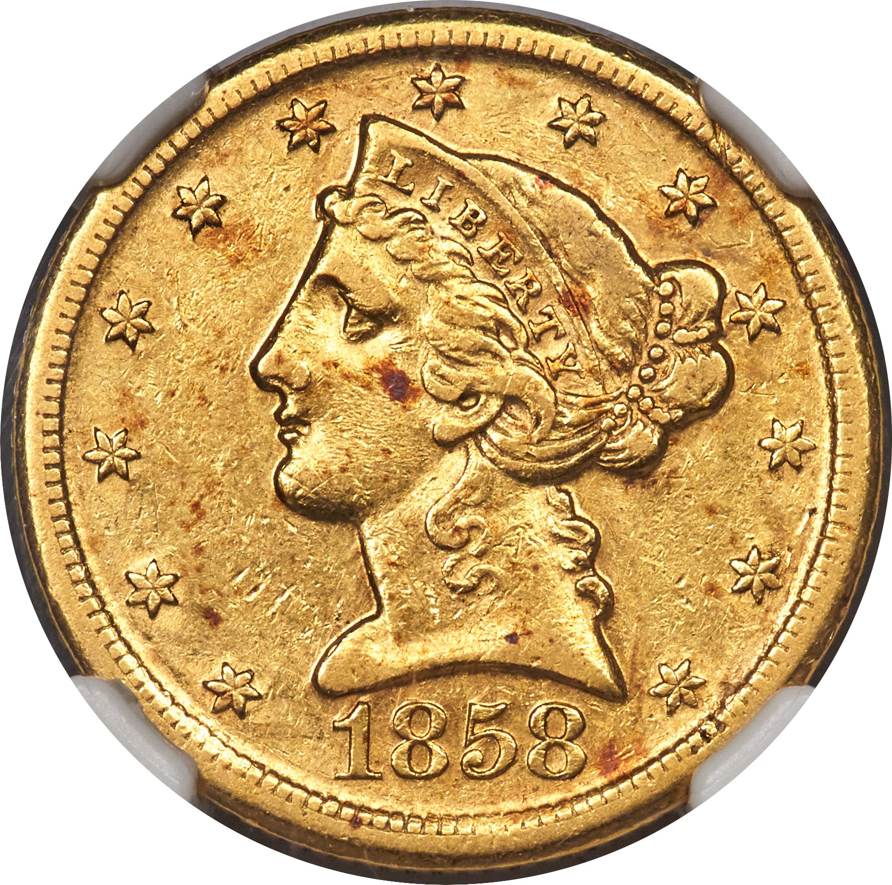 image for: 1858-D $5 AU50 NGC. Variety 43-HH....