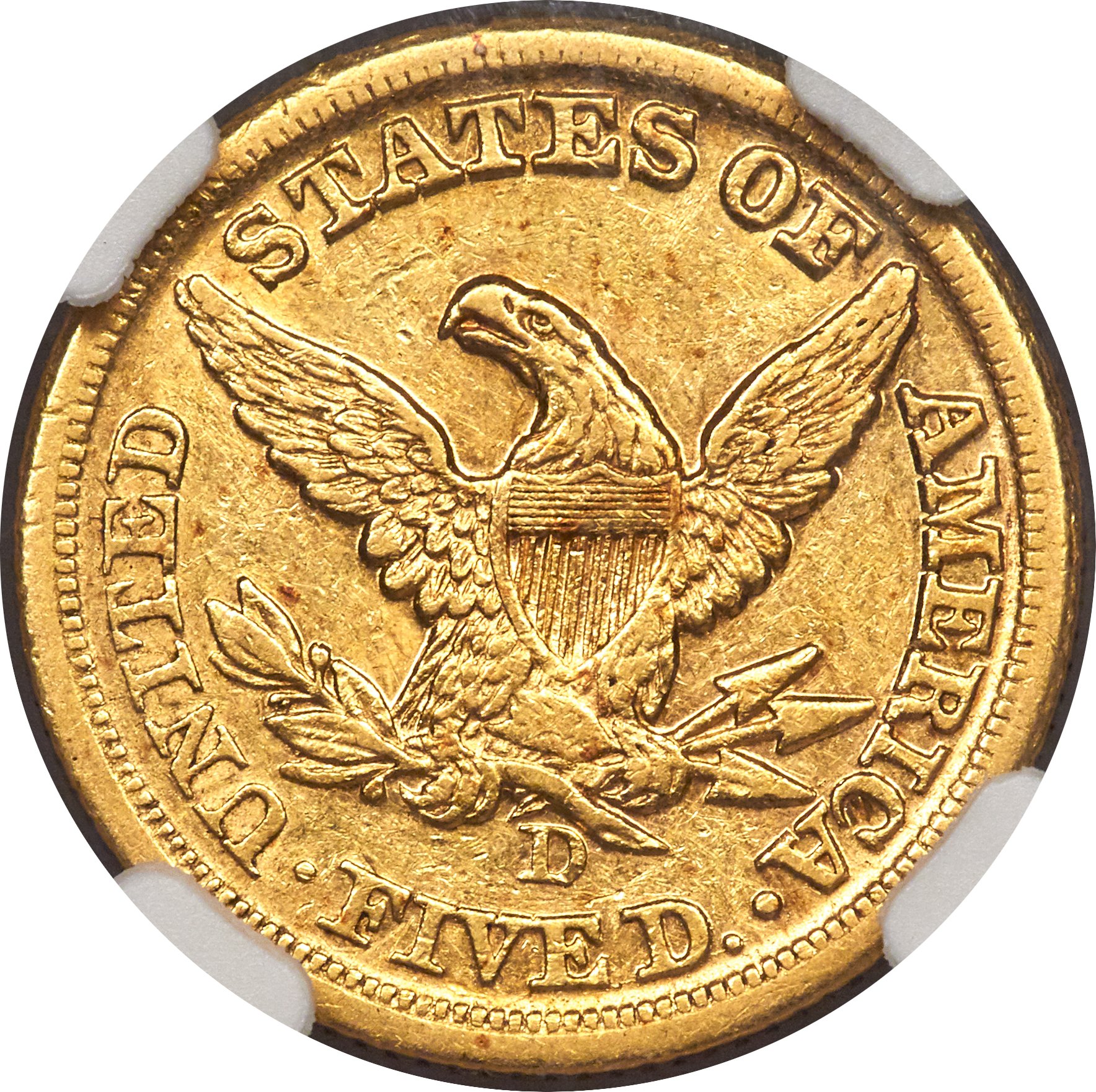 image for: 1858-D $5 AU50 NGC. Variety 43-HH....