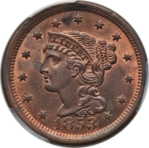 image for: 1853 1C MS65 Red and Brown PCGS. CAC. PCGS Population: (121/16). NGC Census: (96/29). MS65. Mintage 6,641,131. ...