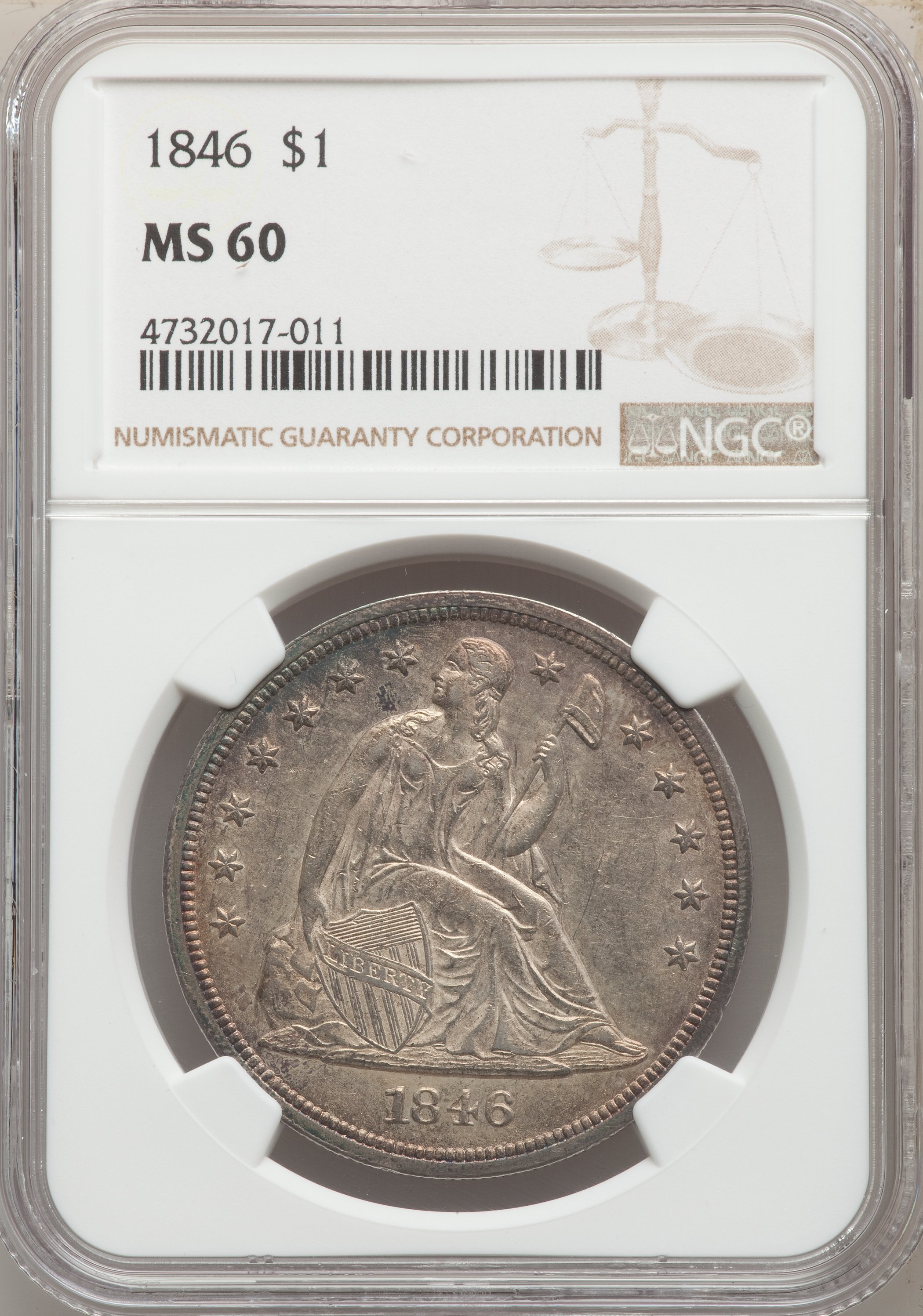 1846 $1 MS60 NGC. NGC Census: (5/75). PCGS Population: (6/79). MS60. Mintage 110,600. ...