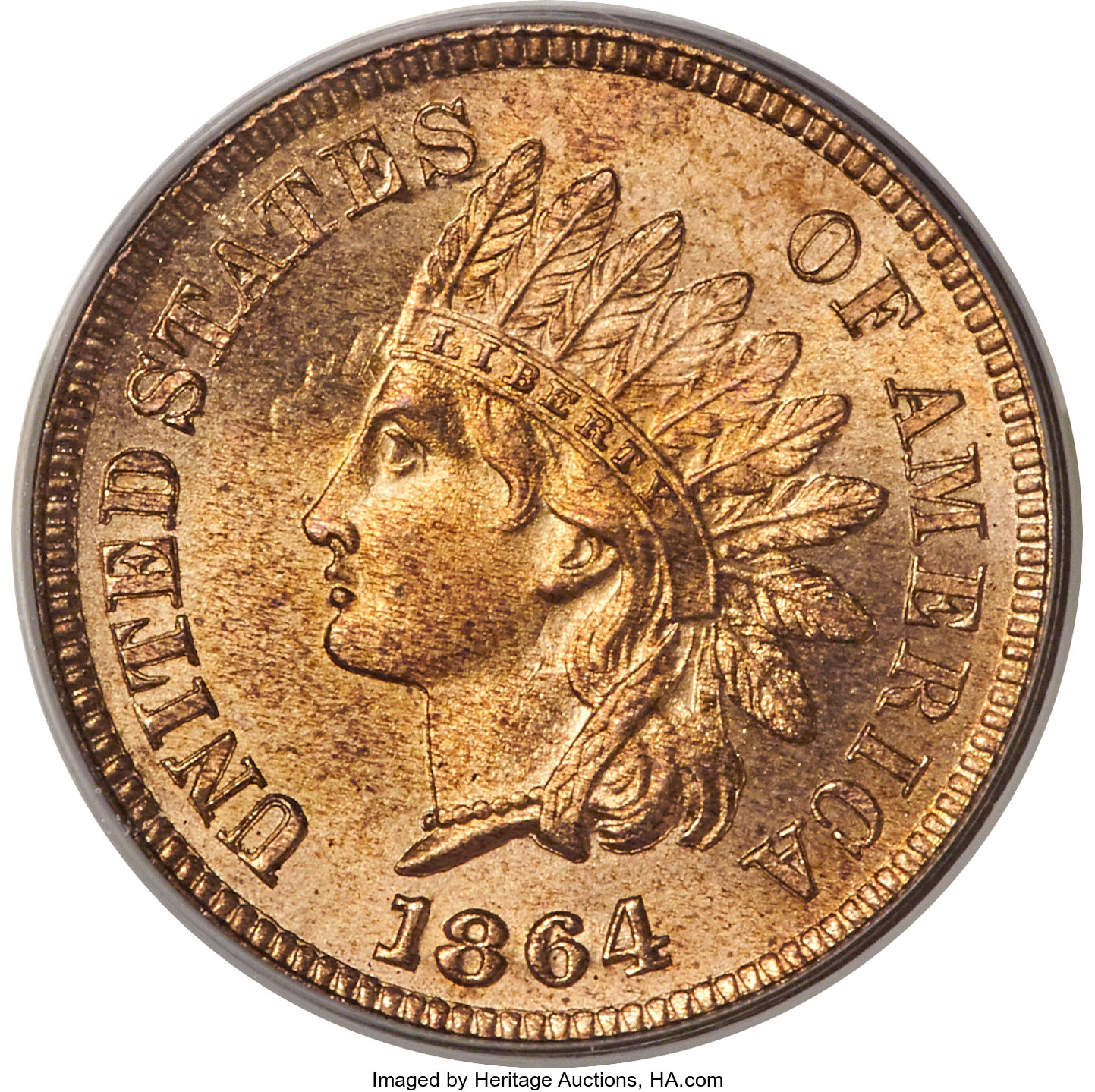 image for: 1864 1C L On Ribbon MS65 Red PCGS. CAC. EX: Eagle Eye Photo Seal. ...