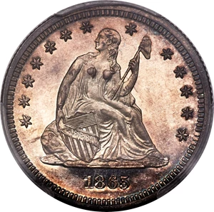 image for: 1865 25C PR66 Cameo PCGS. Briggs 3-B....