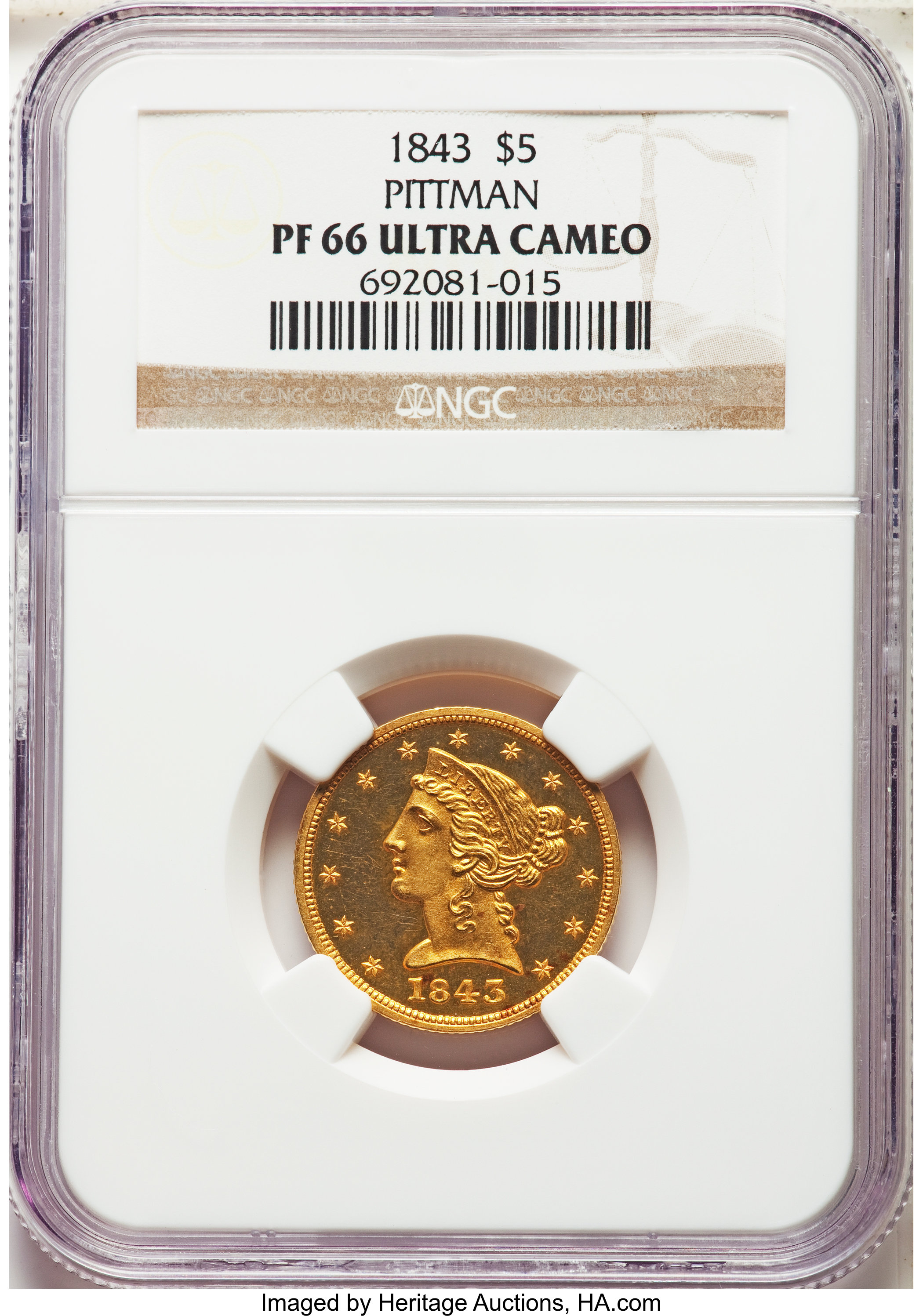 image for: 1843 $5 PR66 Ultra Cameo NGC. JD-1....