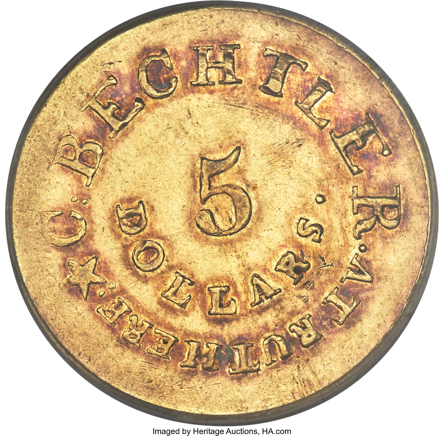 image for: (1837-1842) $5 C. Bechtler Five Dollar, 134G, With Star AU55 PCGS. Kagin-20, R.4....