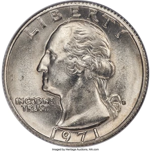 image for: 1971-D 25C Washington Quarter -- Reverse First Strike Brockage by Quarter Struck on a Nickel Planchet -- MS65 PCGS....