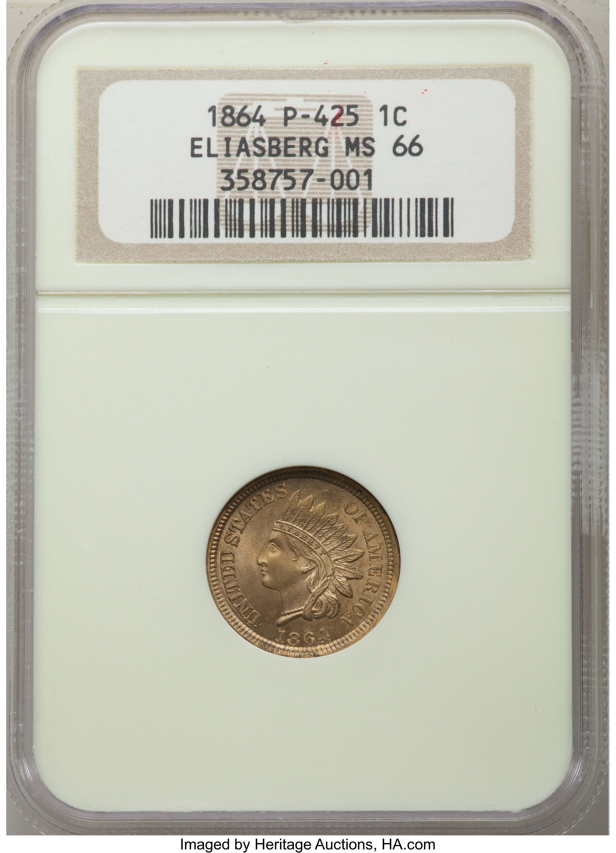 image for: 1864 1C One Cent, Pollock-425, Judd-353, 354, or 355, Low R.6, MS66 ANACS....