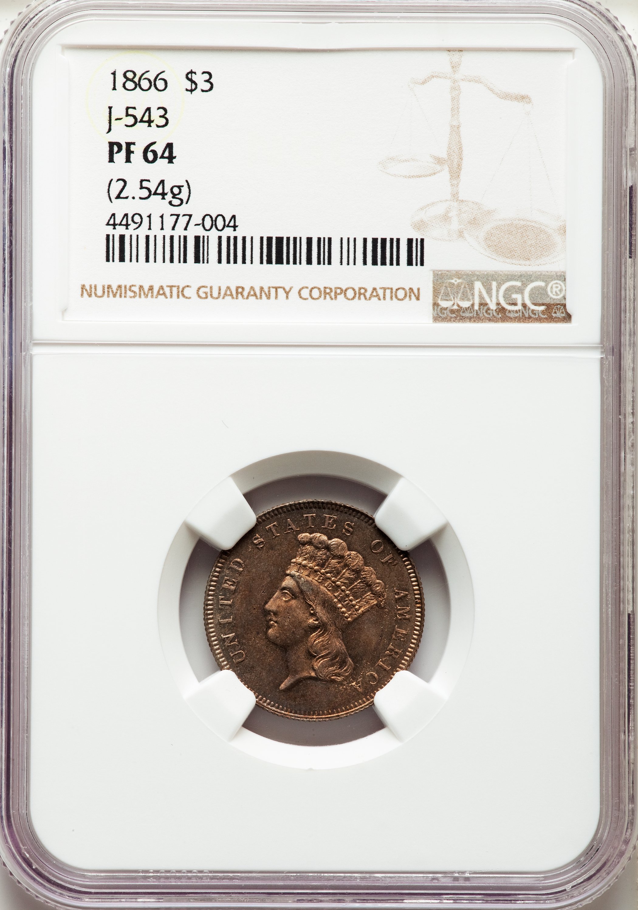 image for: 1866 $3 Three Dollar, Judd-543, Pollock-608, High R.7, PR64 NGC....