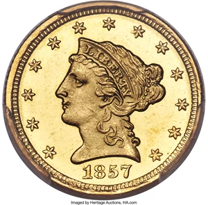 image for: 1857-O $2 1/2 MS62 PCGS. Variety 1....