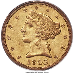 image for: 1843-O $5 Large Letters AU53 PCGS. CAC. Variety 1....